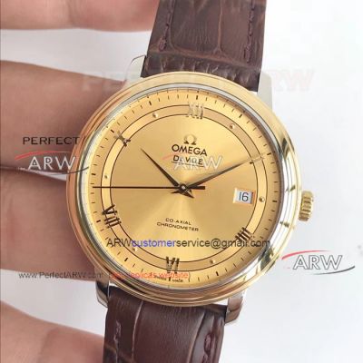 Perfect Replica Omega De Ville Gold Roman Dial Brown Leather Strap 39mm Watches